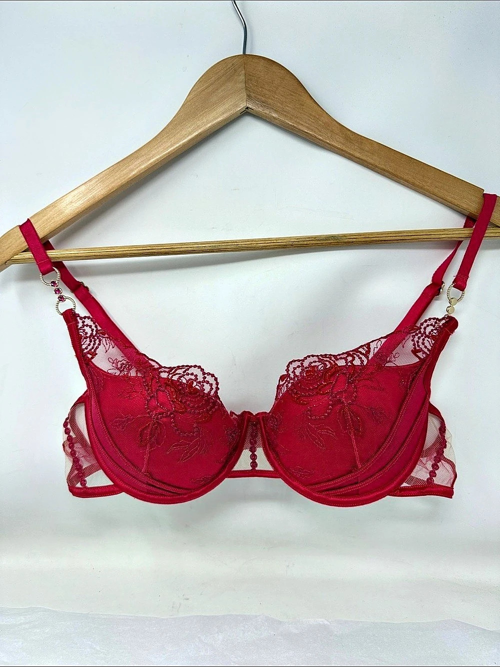 Honey Birdette Lingerie Bra Red Lace Push up Bra Size 34D Corset style Mesh